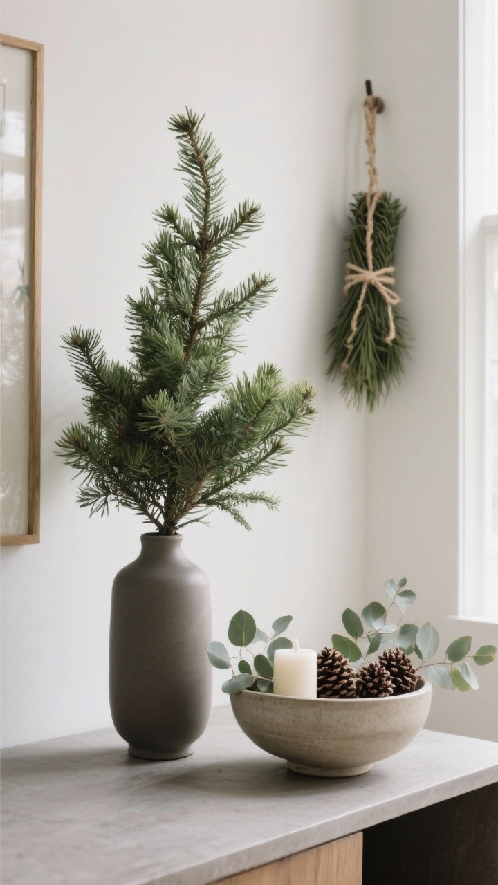 A detailed closeup of live greenery styled minimally: a single dramatic fir branch in a tall matte ceramic vase on a console, plus a shallow stoneware bowl holding eucalyptus clippings, pinecones, and one ivory candle; a tiny cedar bundle tied with twine hangs on the corner of a nearby art frame; loose, airy composition, no glitter, natural daylight from the side; photorealistic.