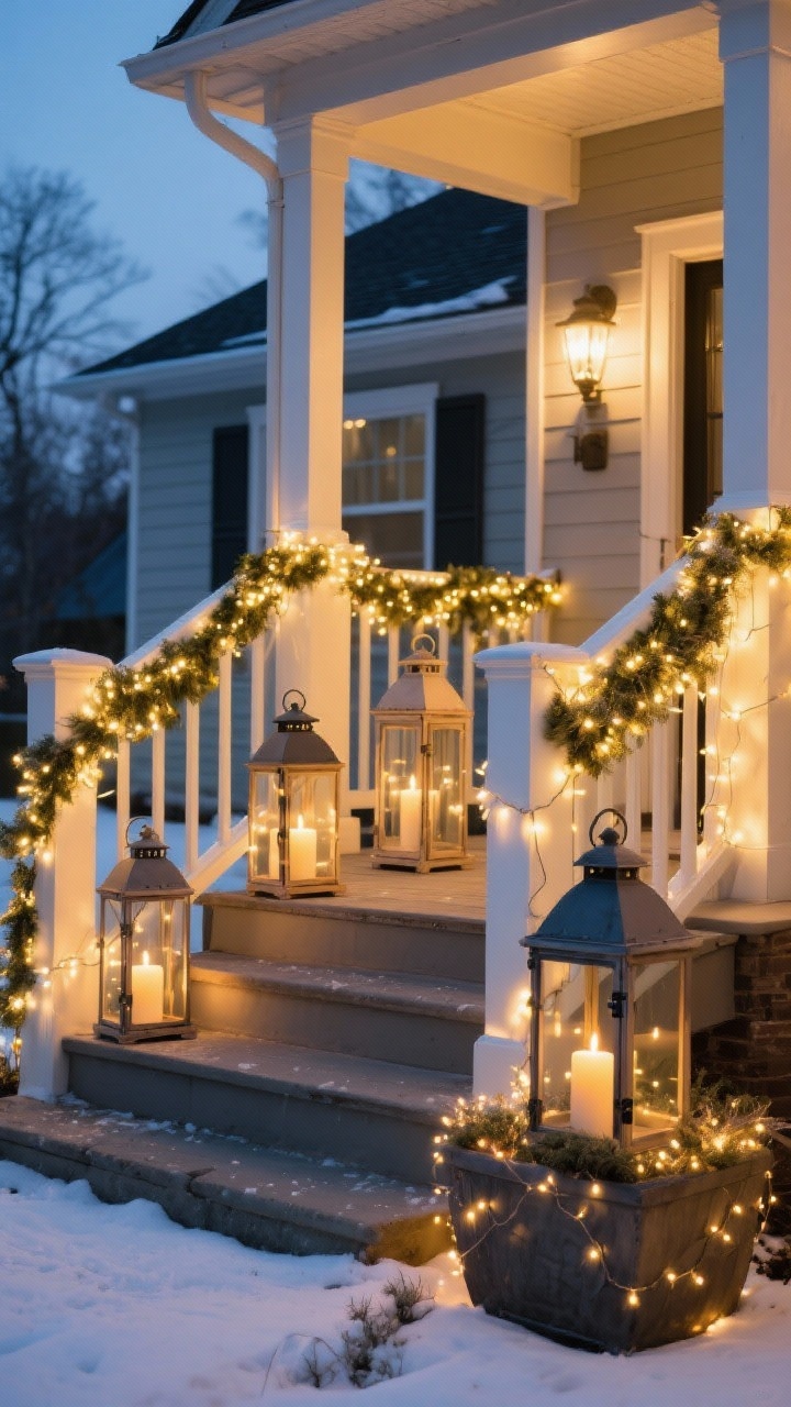 A dusk porch medium shot highlighting layered lighting: warm-white string lights (2700K–3000K) wrapped along railings and tucked into garland, a trio of lanterns in mixed heights on the steps with LED candles on timers, and battery-powered fairy lights nestled inside a planter for subtle sparkle. Emphasize the golden glow against a cool winter evening, avoiding blue tones. No people.