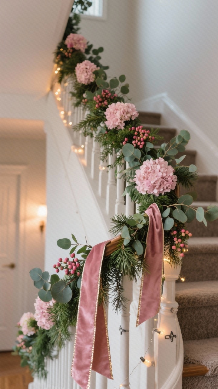 A medium-angle view of a staircase railing draped with mixed greenery garland: structured faux pine base with fresh eucalyptus tucked in for movement, interwoven with blush hydrangea picks, pink berry sprigs, and a ribbon duo—wide blush velvet paired with a thin metallic edge ribbon running side-by-side. Subtle warm micro-lights woven through, command hooks discreetly visible. Early evening interior lighting, photorealistic.