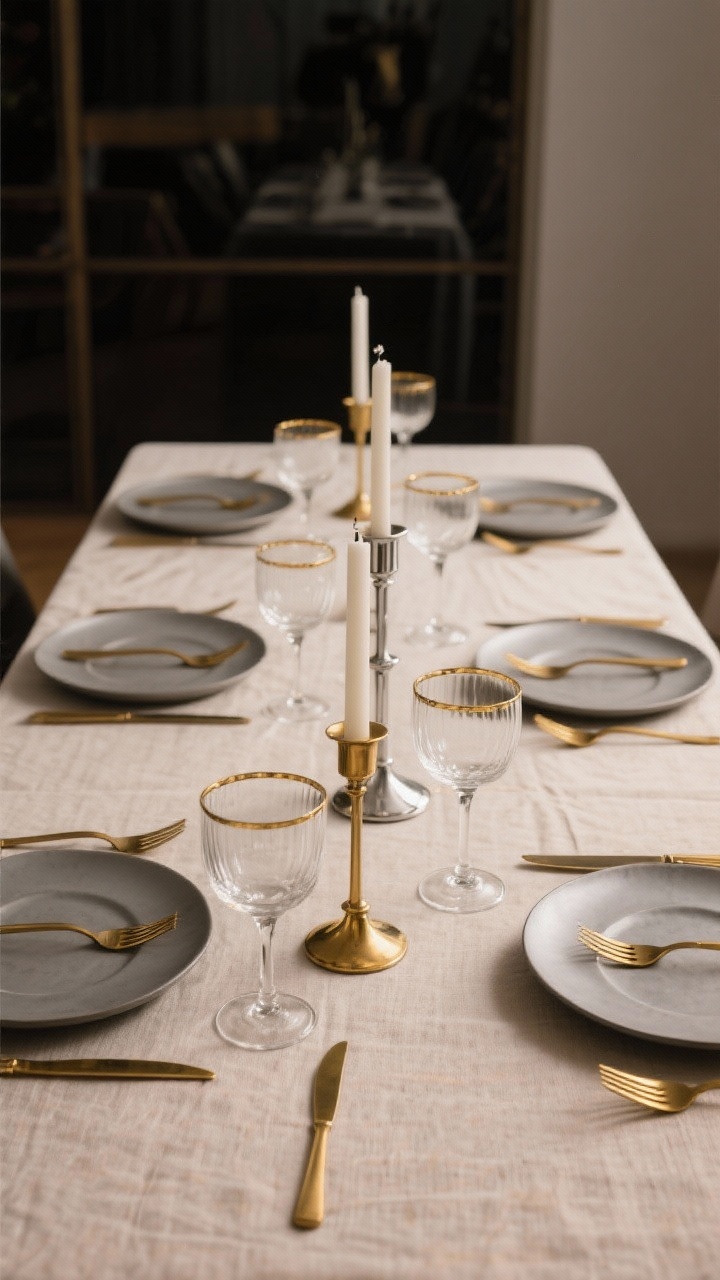 A medium, angled shot focusing on mixed metals: gold flatware paired with matte silver chargers at each place, alternating brass and chrome candlesticks down the center, and coupe glasses with delicate metallic rims. Balance gold as warmth and silver as sparkle. Neutral tablecloth backdrop, soft evening lighting for a modern, collected feel.