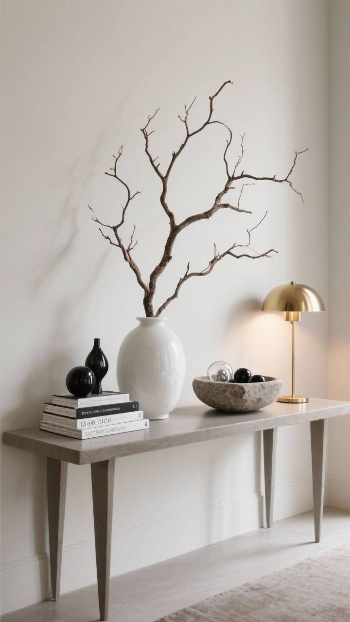 A medium console vignette as the statement scene: a sculptural bare branch in a white ceramic vase as the anchor, supported by a small stack of design books and a low stone bowl holding a few matte black and glass ornaments; one sleek brass table lamp providing warm glow; restrained, serene composition with negative space; photorealistic, three-quarter angle.