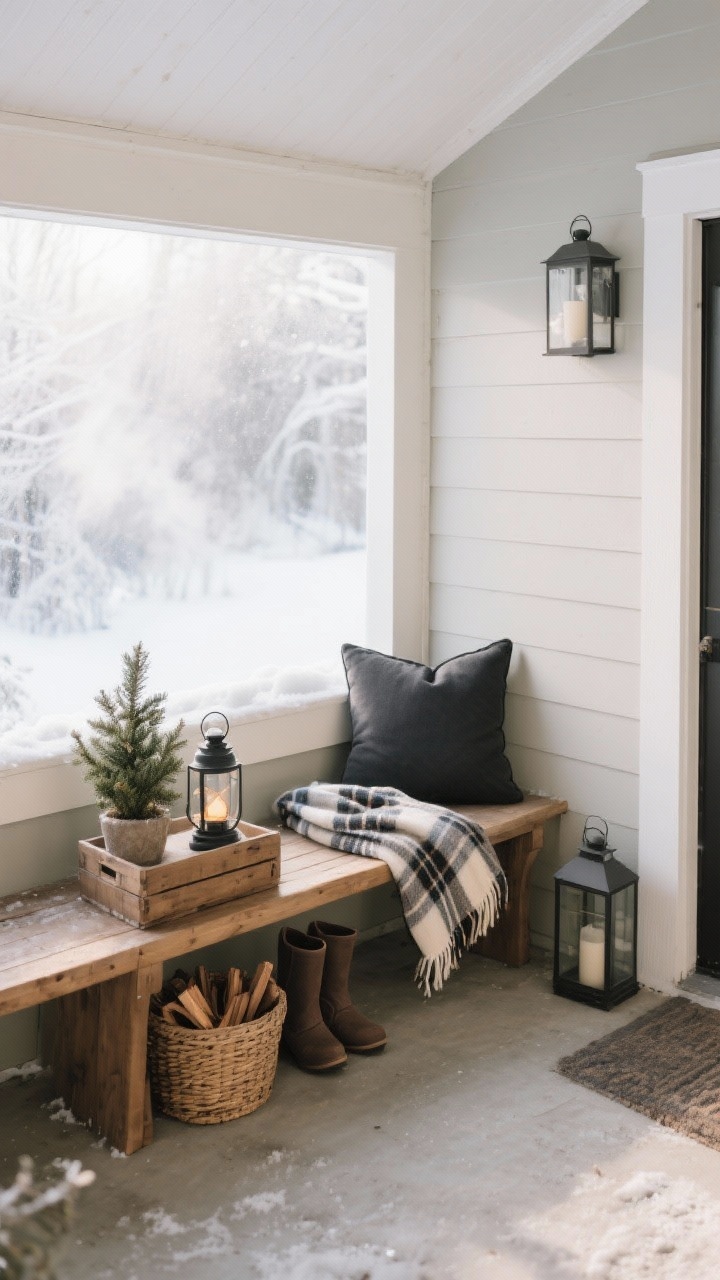 A medium corner-angle composition of a winter bench moment on a covered porch: one wooden bench with a single charcoal cushion, a folded plaid throw draped neatly, a small side table/crate holding a lantern and a mini potted evergreen; a woven basket for boots/kindling tucked beneath. Include a matching planter or lantern opposite for balanced symmetry. Soft, diffused daylight and visible frosty breath-like crispness in the air. No people.