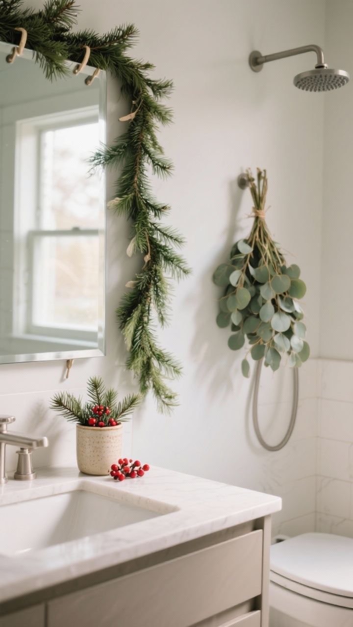 A medium corner-angle shot of a bathroom vanity with instant holiday greenery: a slim cedar garland draped over a frameless mirror using removable hooks, a ceramic tumbler filled with pine clippings and red berries on the counter, and a fresh eucalyptus bundle hanging from the shower head for a spa-like vibe. Keep placements minimal for a small space. Soft, diffused morning light, photorealistic.