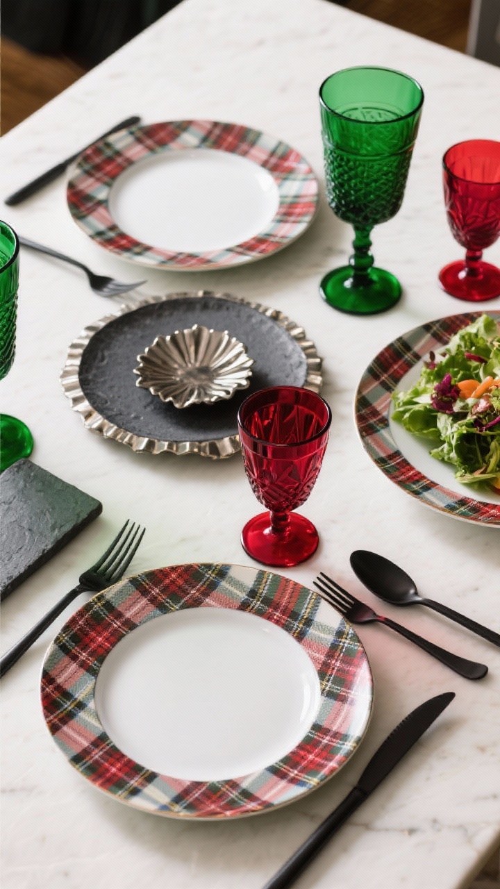 A medium overhead of playful plates adding a festive pop: simple white dinner plates topped with tartan patterned salad plates; nearby, emerald and ruby goblets add bold color. One setting features a statement hammered-metal charger. Optional alternative setting shows black matte cutlery beside charcoal stoneware for a moody, modern counterpoint. Even lighting for crisp color and pattern.
