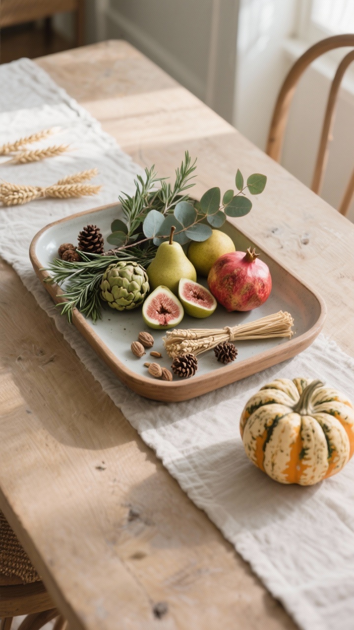 A medium, overhead tray vignette bringing in nature without mess: a shallow wooden or ceramic tray corrals luxe organic elements—figs, pears, pomegranates, and a few small artichokes arranged sculpturally; sprigs of eucalyptus, bay, and rosemary woven between. Add textural accents in odd-numbered clusters: small wheat bundles, pinecones, and seed pods. Nearby, a scrubbed heirloom pumpkin sits clean and dry on the runner. The look is tidy, low-profile, and fresh, with gentle morning light.