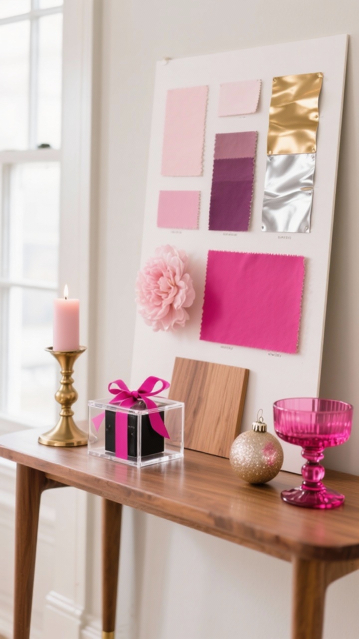 A medium shot of a curated pink holiday mood board laid out on a wooden console: swatches of blush, dusty rose, mauve, peony pink, and magenta arranged beside metallic samples in gold and silver; small objects showing style pairings—brass candle holder with dusty rose ribbon (vintage romance), clear acrylic box with fuchsia ribbon and black accents (glam & bold), warm wood sample next to blush and champagne ornament (soft & serene), and glass with hot pink and silver (modern merry). Soft natural window light, neutral backdrop, no people, photorealistic.