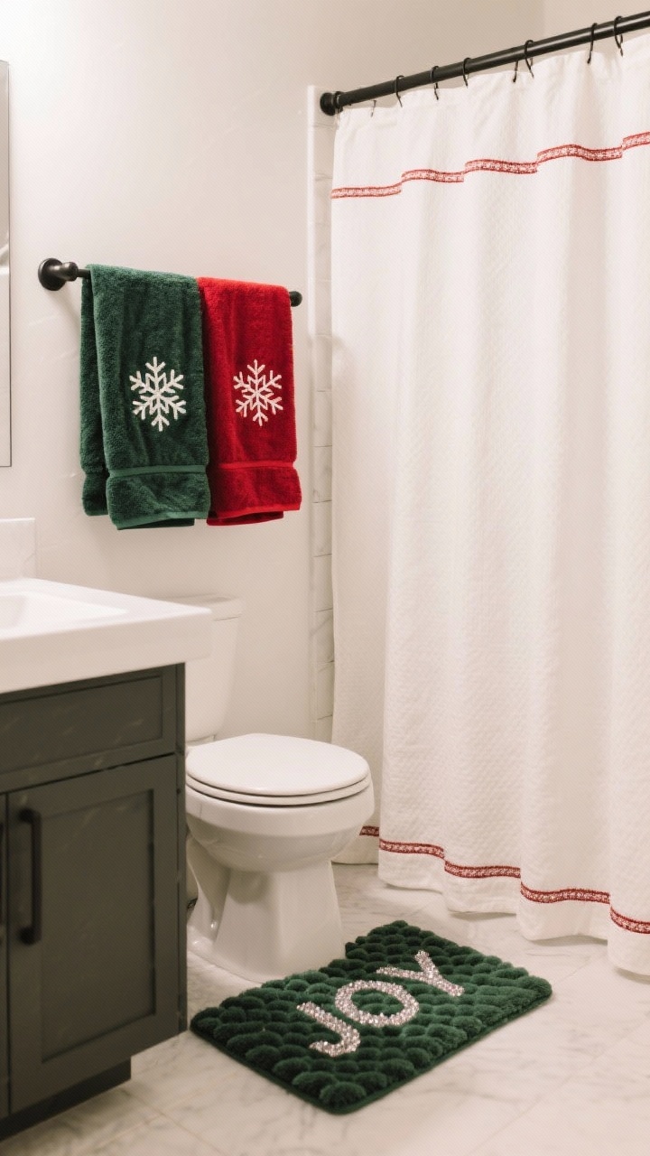 A medium shot of a small, modern bathroom showcasing seasonal textiles: plush hand towels with embroidered snowflakes in deep green and cranberry hanging on a matte black bar, a tufted bath mat with the word “JOY” in subtle sparkle by the sink, and an ivory linen shower curtain with a thin red border. Keep patterns tight and colors coordinated in classic red, green, and winter whites, with mixed textures like velvet trim and waffle towels. Warm white lighting, straight-on view, photorealistic.