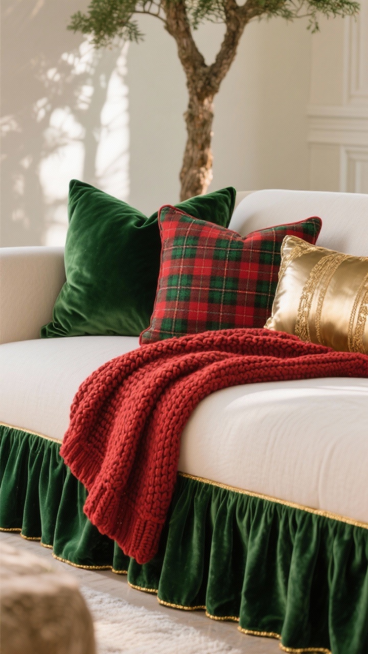 A medium shot of a sofa corner layered with cozy textiles: deep green velvet pillows paired with a chunky red knit throw draped casually; a second pairing shows a red-and-green plaid pillow next to a slim gold-laced metallic lumbar; limit to 2–3 patterns with coordinating solids; include a glimpse of a green velvet tree skirt with gold piping at the base of a nearby tree; soft natural afternoon light grazing the velvet pile and knit texture for tactile realism.