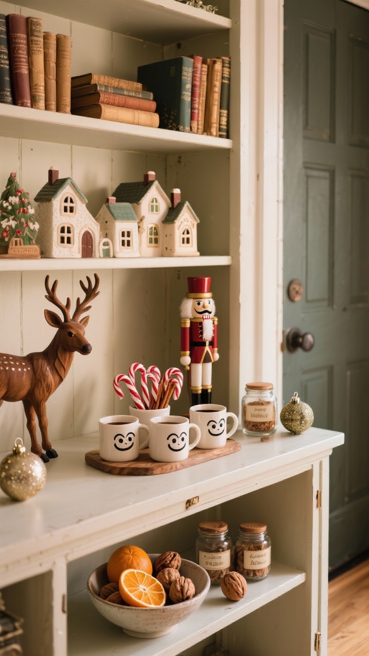 A medium shot of a styled bookshelf and sideboard vignette focused on heirloom Christmas accents: carved wooden reindeer, a classic nutcracker, ceramic village houses softly lit, and a small cluster of retro winky-eye Santa mugs arranged as a cocoa station with candy canes, cinnamon sticks, and labeled jars. A bowl near the entry holds dried oranges, walnuts, and a few vintage ornaments. Curated, not cluttered; warm, nostalgic lighting.