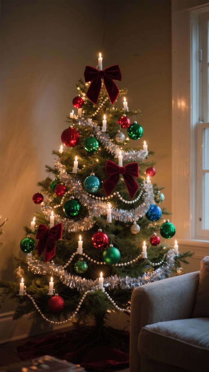 A medium shot of a vintage-inspired Christmas tree in a dimly lit living room corner, glowing with warm white LED candle-style clip-on lights, draped in metallic tinsel and beaded garlands. The tree features Shiny Brite–style glass ornaments in cherry red, emerald green, and icy blue, with velvet ribbon bows in burgundy and forest green. Larger glass baubles are nestled deeper in the branches for depth, with smaller ornaments near the tips. Photorealistic, cozy, warm light, no people.