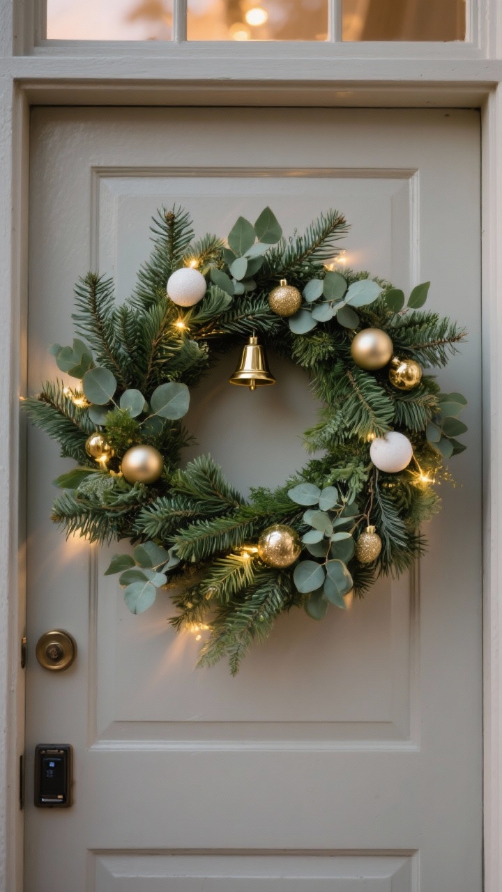 A medium, straight-on shot of a luxe classic evergreen Christmas wreath on a neutral front door at dusk, featuring layered cedar, pine, and eucalyptus greenery, a tight palette of forest green, gold, and ivory, subtle matte metallic baubles, a few small gold bells, and hidden warm fairy lights creating a soft glow; photorealistic texture of needles and eucalyptus leaves, with the battery pack concealed behind the wreath.