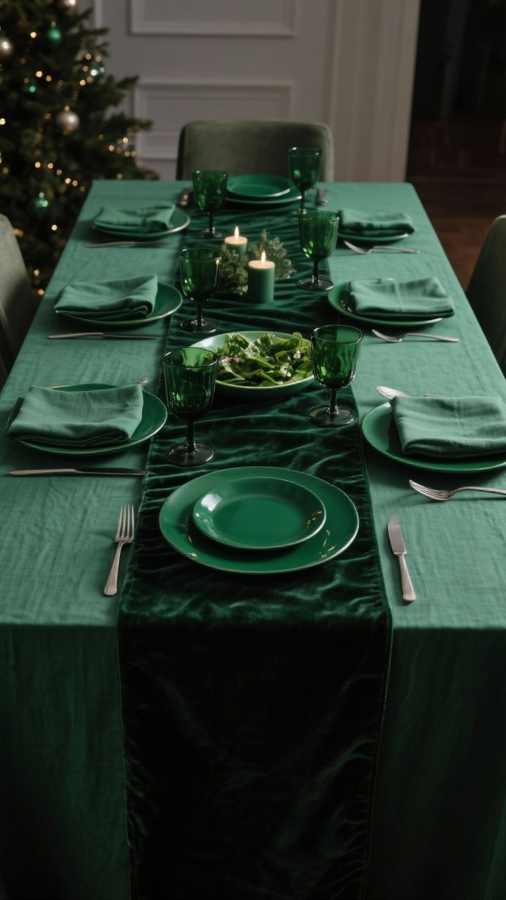 A medium, straight-on shot of a monochrome Christmas dining table in deep forest green: linen tablecloth base, a contrasting velvet runner centered, layered place settings with matte green charger, glossy deep-green dinner plate, and slightly lighter green salad plate. Mix matte and glossy finishes for depth, crisp folded napkins, and tonal glassware. Soft ambient evening light for a cozy, curated look, no people.