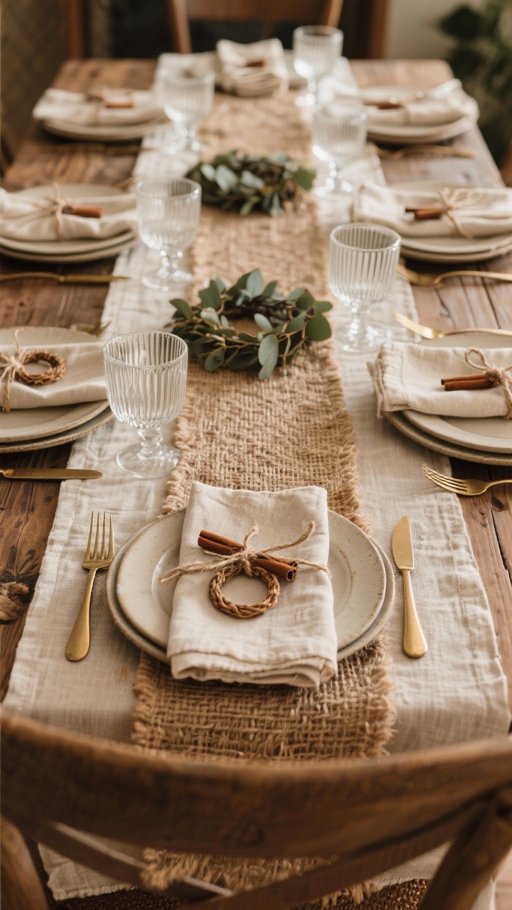 A medium, straight-on shot of a Thanksgiving dining table focused on layered textures: a neutral oatmeal-colored linen tablecloth with a woven jute runner centered on top, stoneware plates in matte cream, brass flatware, and ribbed clear glassware catching soft afternoon light. Close-up emphasis on cloth napkins in natural linen tied with thin velvet ribbon and twine; some napkins feature DIY rings made from mini eucalyptus wreaths and others with cinnamon-stick ties. If the table is wood, show an alternative scene where the rich wood grain shows with only a velvet runner. Mood: cozy and chic, rich tactile contrast.