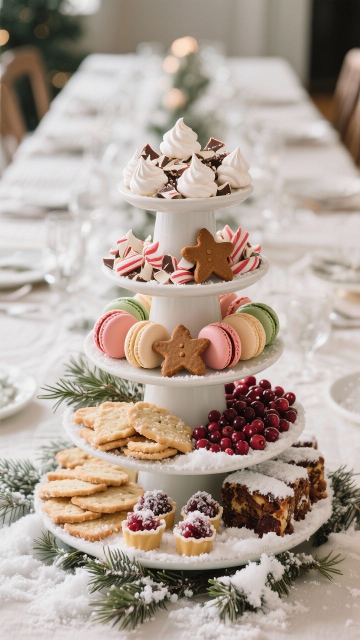 A medium, straight-on shot of a tiered dessert centerpiece running down the table: top tier with mini meringues and peppermint bark shards, middle tier of macarons and gingerbread star cookies, bottom tier of shortbread, sugared cranberries, and small fruitcake bites. Light dusting of powdered sugar “snow” and tucked rosemary sprigs for a forest vibe. Bright, appetizing lighting.