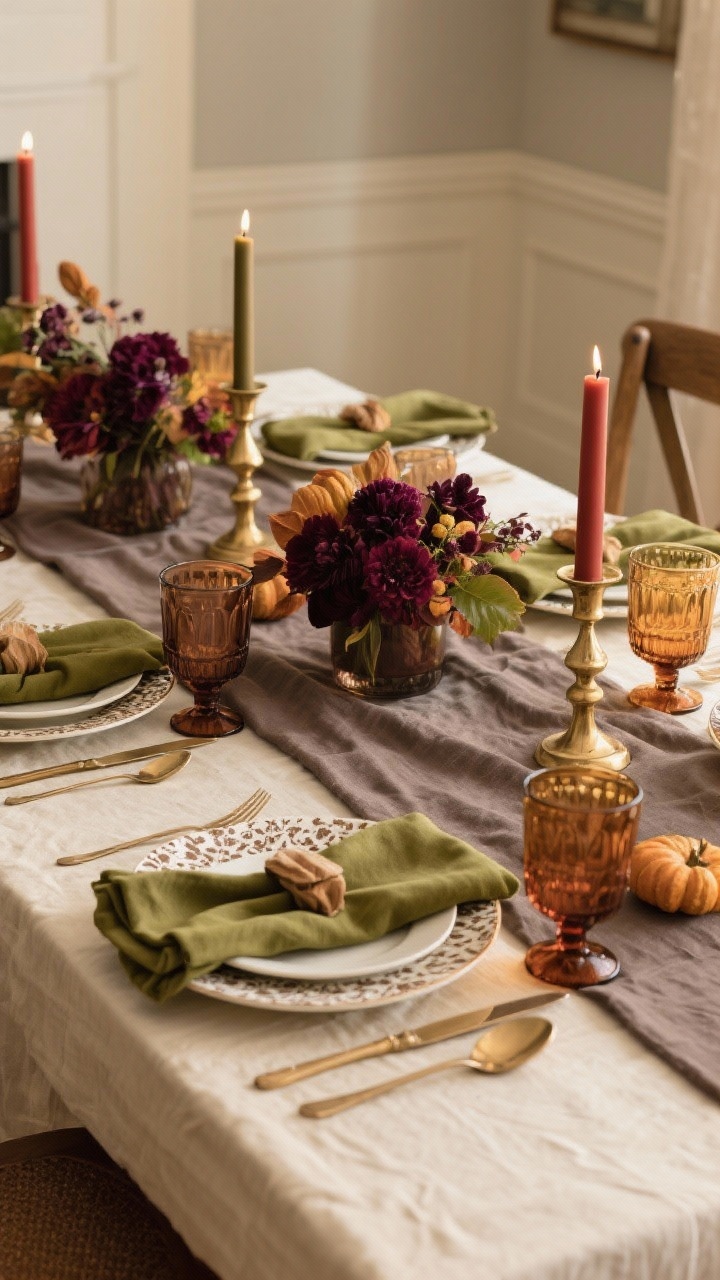 A medium, three-quarter angle of a cohesive Thanksgiving tablescape focused on color harmony. Create three variations within one scene: - Earthy Elegant: olive green napkins, cream linens, walnut-brown wood accents, brass flatware and candlesticks. - Moody Harvest: burgundy and plum flowers with sable linens and smoky glassware. - Soft Neutrals: taupe runner, ivory plates, warm gray napkins, amber glass candles. Use colored taper candles to tie each palette together. Balance prints: if plates are patterned, show simpler linens; if linens are bold, keep dinnerware plain. Lighting is warm and even.