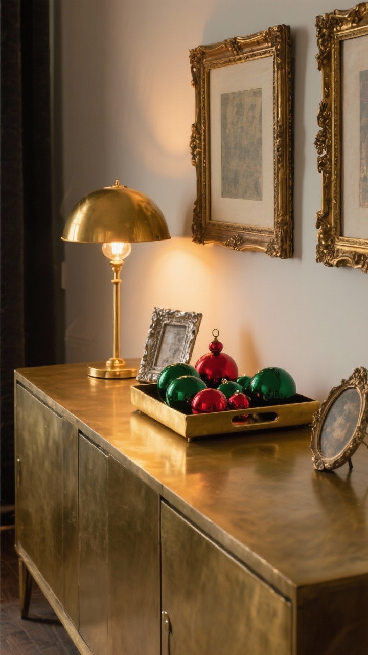 A medium vignette highlighting tasteful mixed metals: a sideboard with a warm-glow gold table lamp (warm-toned bulb), a brushed gold tray corralling matte green and cranberry-red ornaments for intentional contrast, and a couple of antique brass frames; add one small tarnished silver piece to read as collected rather than mismatched; evening lighting that emphasizes the brushed gold surfaces and matte ornaments without harsh glare.