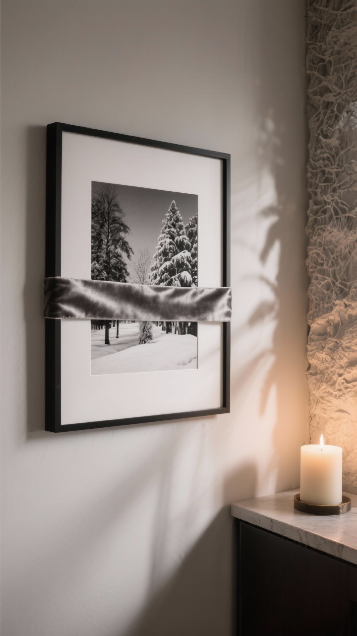 A medium wall vignette showing quiet art swaps: a graphic black-and-white winter photograph in a thin black frame, a slim velvet ribbon in pewter tied around the corner of an adjacent frame, and a candle placed near textured artwork to cast soft, festive shadows on the wall; minimal accessories, neutral palette; evening ambient light; photorealistic, straight-on view.