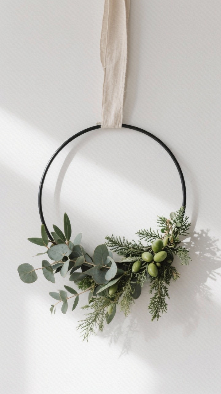 A minimal, straight-on medium shot of a Scandinavian-style wreath: a matte black metal hoop with asymmetrical greenery only on the lower third—eucalyptus, olive, and a touch of juniper—finished with a simple neutral linen ribbon tail; clean background, soft natural daylight, crisp focus on the restrained design and negative space.