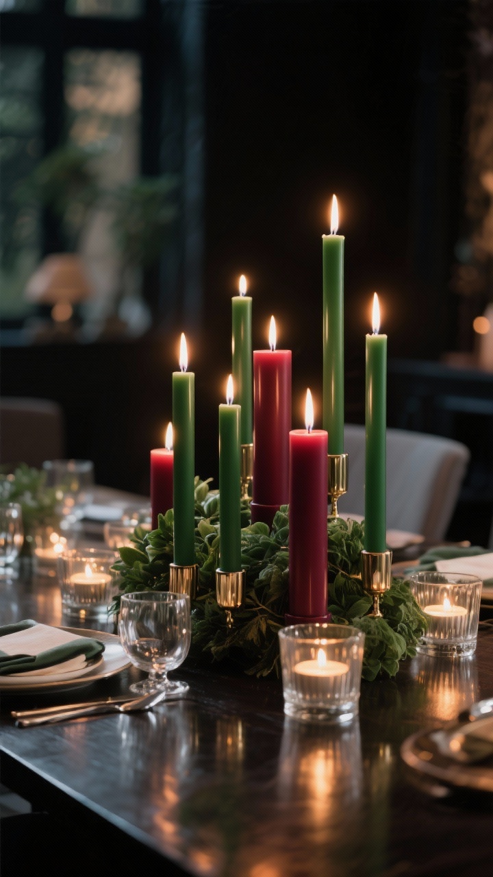 A moody, detail closeup of a dramatic candlelight centerpiece down a dining table: clusters of dripless forest-green taper candles in holders, burgundy pillar candles, and low clear glass votives arranged in odd-number groupings. Mixed heights create glow without blocking sightlines. Warm, low lighting emphasizing flicker, with subtle reflections on the table surface; background softly blurred.