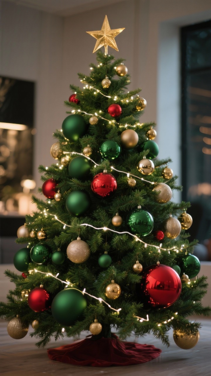A photorealistic closeup of a statement Christmas tree styled like a “holiday capsule wardrobe”: lush deep-green branches with warm white/soft gold lights wrapped from trunk to tips for depth, ornament mix following a 50/30/20 formula—50% matte and satin green baubles as the base, 30% sleek red pops with a few oversized red balls tucked deeper near the trunk, 20% brushed gold accents and small gold ornaments on the outer tips; vary sizes and finishes (matte, shiny, brushed), topped with a refined gold star; shallow depth of field emphasizing mixed textures and subtle sparkle, evening indoor glow.