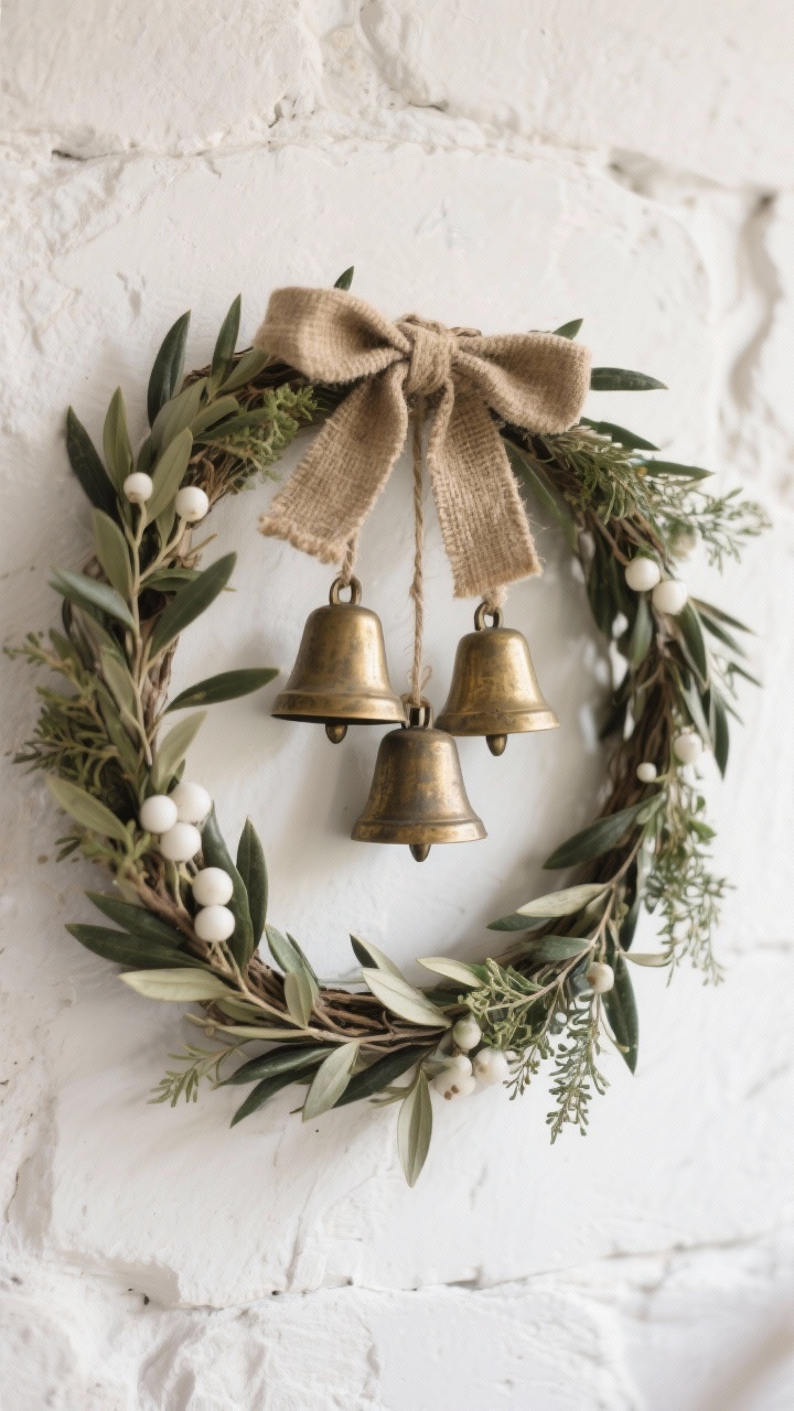 A serene medium shot of a rustic olive-branch peace wreath on a white or stone wall: realistic olive/laurel base with minimal add-ons (a few white berries and simple greenery sprigs), 2–3 aged brass bells hanging from jute or velvet ribbon in the center as the focal point; soft natural light and a calm, understated mood with a hint of gentle jingle implied.