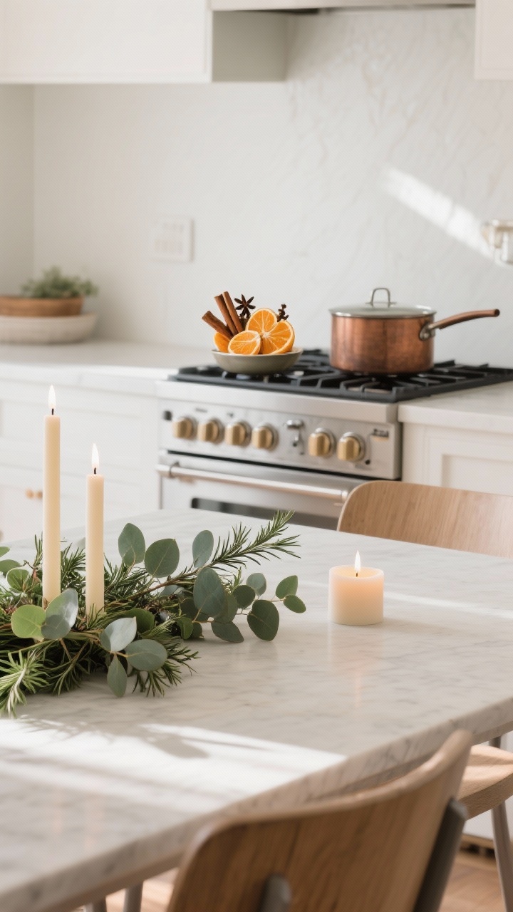 A serene wide shot of a dining area emphasizing subtle scents: a stovetop simmer pot visible in the background (orange peel, cloves, cinnamon, star anise), eucalyptus and rosemary integrated into low tabletop greenery, and unscented taper candles on the table with one gentle scented candle placed away from dining zone. Natural afternoon light, clean and understated.