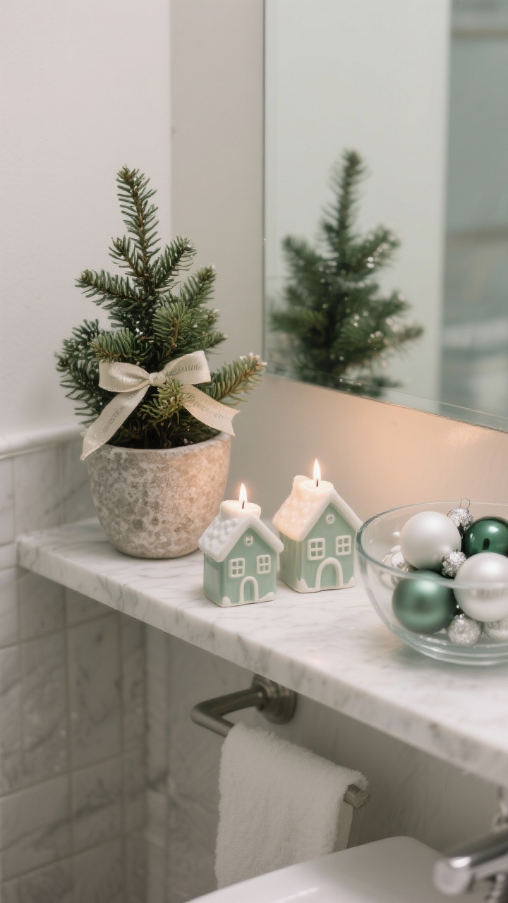 A small vignette detail on a bathroom shelf: a tabletop mini evergreen in a stone pot with one elegant ribbon, two ceramic house tealight holders creating a “snow village” moment, and a glass bowl of matte ornaments in a restrained palette of winter white and forest green. Keep scale small and refined, warm candlelike glow, photorealistic.