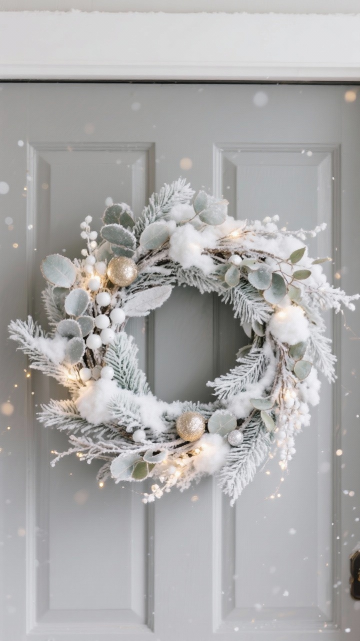 A soft, winter-white medium shot of a frosted wreath on a muted gray door: dusty eucalyptus and frosted cedar base, white berries, faux snow-dipped branches, and a few champagne/silver accents; illuminated by warm white micro-LEDs for a refined first-snowfall glow, cool ambient daylight balanced with warm twinkle.