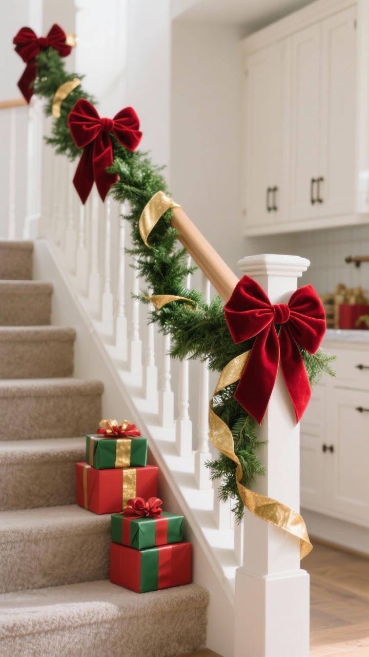 A staircase detail shot from a side angle: a green garland winding along the banister tied with generous red velvet bows at intervals, accented by thin gold ribbon threaded through for shimmer; clean, cohesive bow shapes repeated for uniformity; background hints of kitchen cabinet pulls with petite bows and a few beautifully wrapped gift boxes in red/green/gold paper stacked near the newel post; soft morning light highlighting the ribbon textures (velvet, satin).