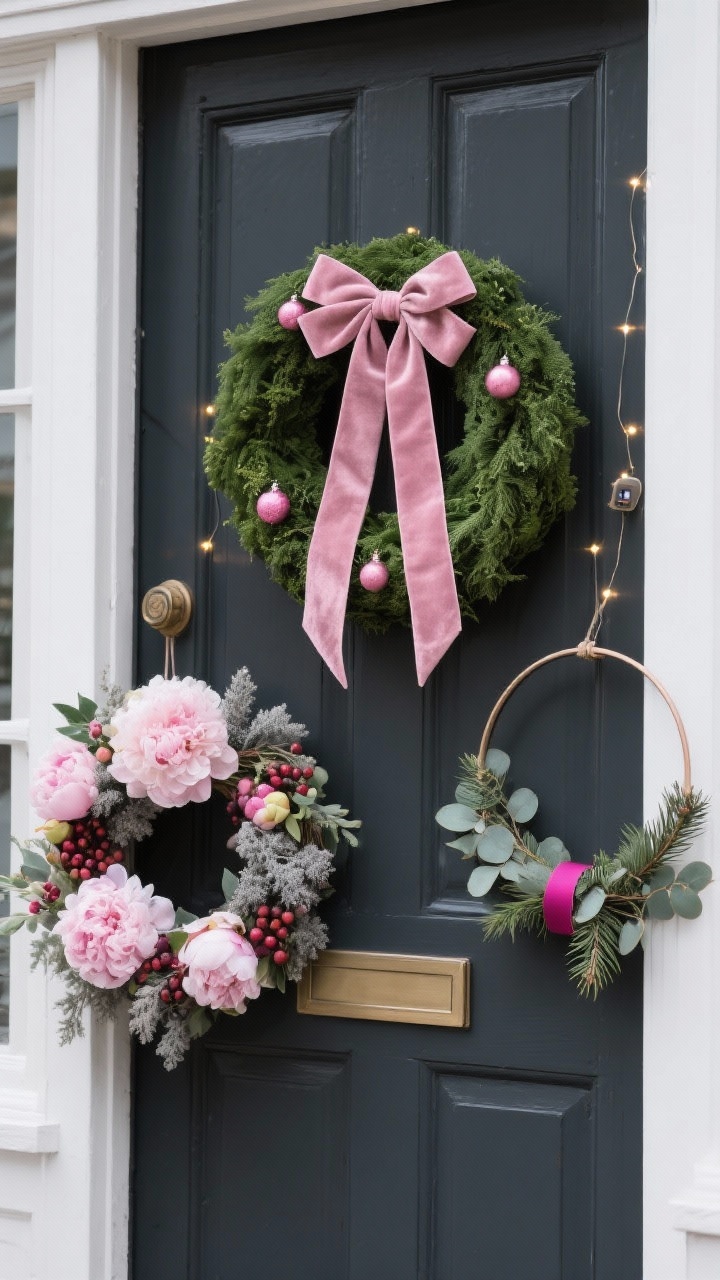 A straight-on exterior door closeup featuring pink-forward wreath options presented on a dark-painted door: primary wreath is classic green with a blush velvet bow with long tails and a few pink ornaments; beside it, a floral-forward wreath with silk peonies, berries, and dusty miller; and an asymmetrical modern hoop wreath with eucalyptus, pine, and a single fuchsia ribbon. Discreet battery micro-lights twinkling on the classic wreath. Overcast daylight for even tones, photorealistic.