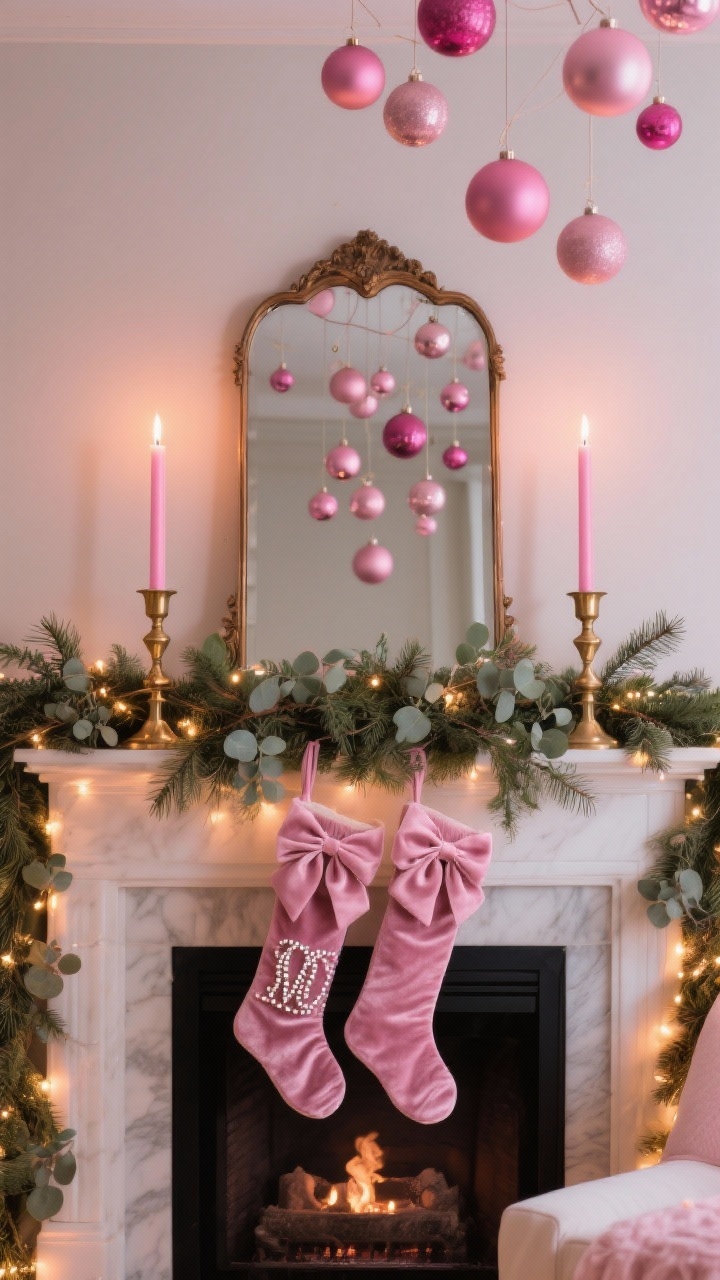 A straight-on mantel scene with pink holiday magic: a lush cedar-and-eucalyptus garland as the base layer, warm micro-lights woven throughout, two tall pink taper candles in brass holders flanking a vintage mirror, blush velvet stockings with oversized satin bows and beaded initials, and a cluster of pink ornaments suspended at staggered heights from the mantel edge on nearly invisible fishing line. Low, cozy evening glow from candles and lights, photorealistic.