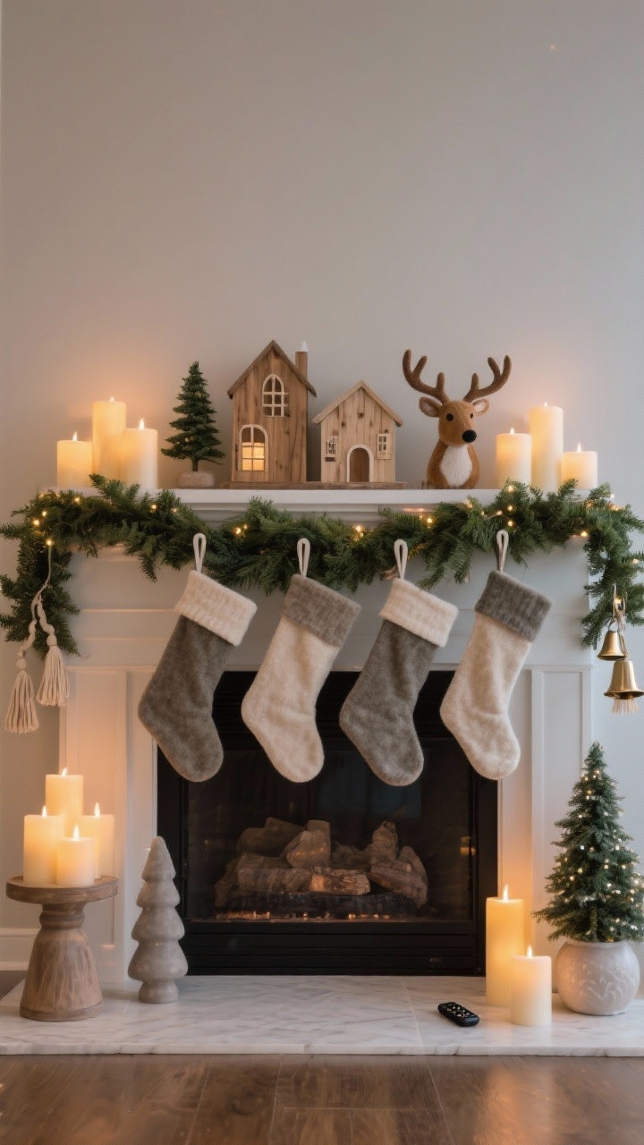 A straight-on medium shot of a holiday mantel composed for pet safety: flat faux greenery garland secured with hidden hooks, no low draping; heavy weighted stocking holders with stockings hung slightly higher than usual. Accents include non-breakable decor—unfinished wood village houses, matte ceramic tabletop trees, and felt reindeer—arranged symmetrically. Add clusters of flameless LED pillar candles with a small remote nearby. Avoid any dangling bells, tassels, or ribbons. Evening lighting with warm glow from LEDs; clean, uncluttered composition.