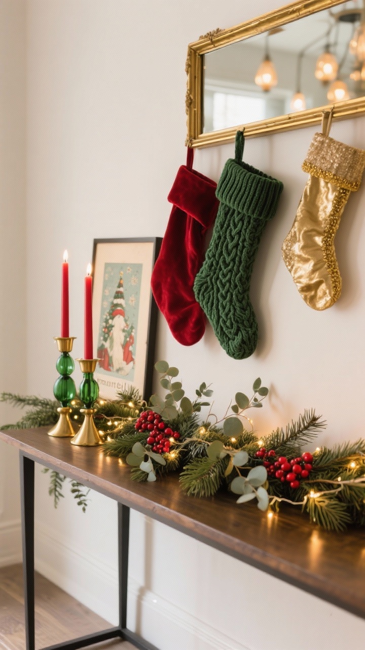 A straight-on medium shot of a “mantel” styled on a console table: a cedar/pine garland as the base, woven with tiny warm twinkle lights, tucked red berries, and sprigs of soft gold eucalyptus; staggered candlesticks—two gold, one green glass—with a couple of red tapers for color; a vintage holiday print leaning against the wall beside a gold-framed mirror that reflects the warm glow; mixed stockings hanging—one red velvet, one green cable-knit, one gold-trimmed—arranged asymmetrically for balanced-but-not-matchy symmetry.