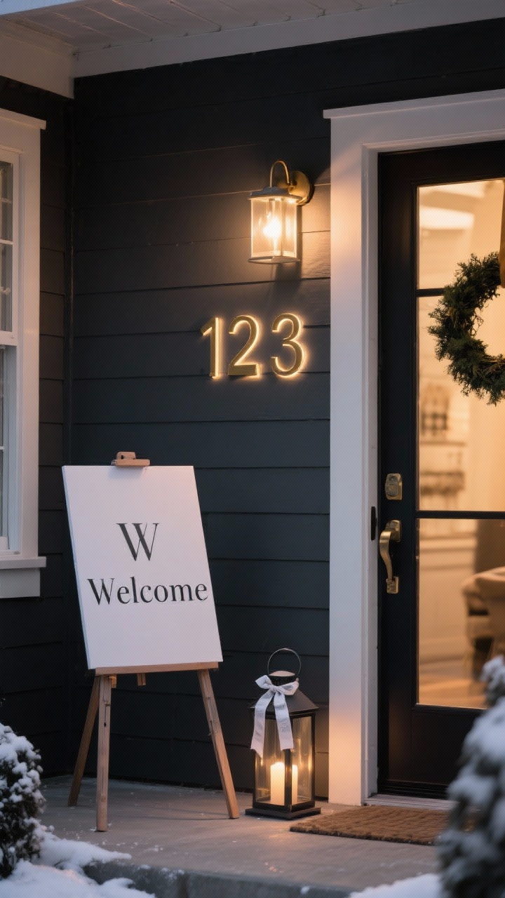A straight-on medium shot of the entry focused on personalized details: sleek backlit house numbers in brass against a dark siding panel; a small modern “Welcome” sign on a minimalist easel by the door (clean typography, winter-neutral message); a subtle monogram ribbon tag tied onto a lantern handle or the wreath. Evening setting with gentle warm lighting on the numbers, muted winter palette elsewhere. No people.