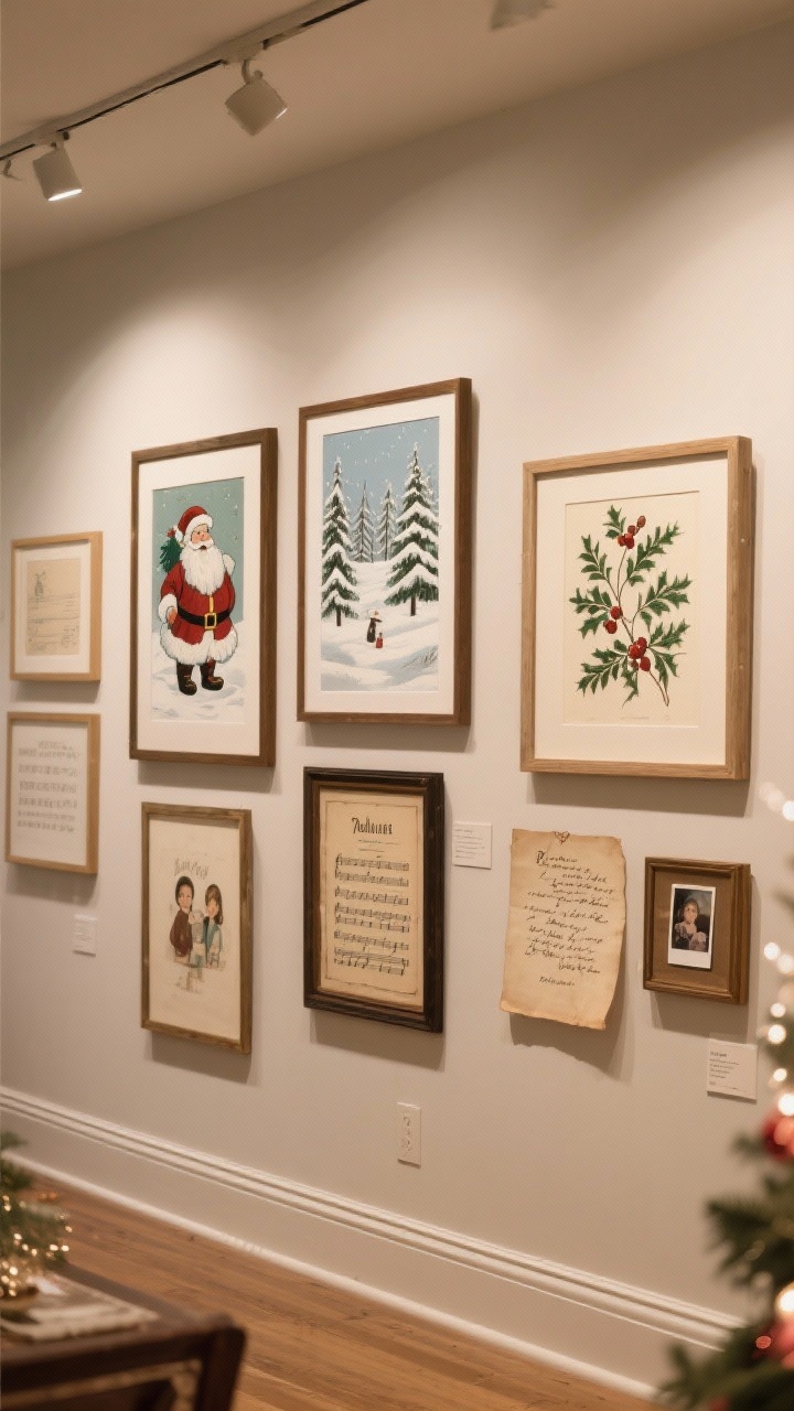 A straight-on medium-wide shot of a curated gallery wall with existing frames swapped to display seasonal art: public-domain Santa illustrations, snowy landscapes, holly botanical prints, vintage sheet music, and a couple of family ephemera pieces like a handwritten recipe and an old Polaroid. Composition balances sizes and colors, with a few non-holiday pieces left in to avoid theme-park vibes. Warm ambient home lighting, photorealistic.