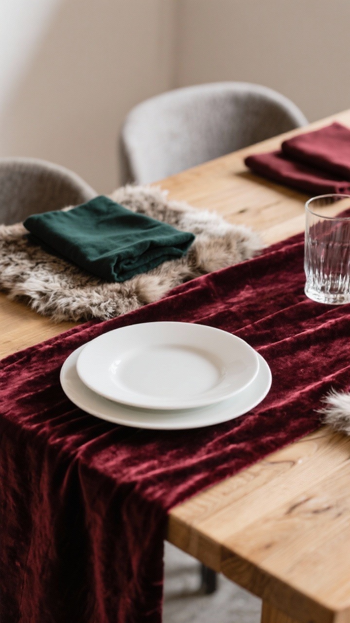 A tactile textiles closeup: a rich velvet table runner draped over wood, heavy linen napkins in deep forest and oxblood tones, and a faux-fur placemat for alpine chic. A simple, sleek white plate and clear glass to balance the plush textures. Side-lit to highlight fabric pile and weave, background softly blurred.
