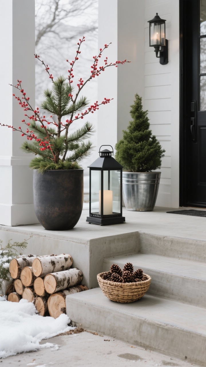 A three-quarter angle medium shot of front steps styled by the “rule of three”: left side slightly heavier for designer asymmetry. Tall: a large planter with cut pine and red dogwood branches; Medium: a lantern and a pot with a small spruce topiary; Small: a shallow woven basket of pinecones beside stacked birch logs. Winter-gray sky lighting, subtle shadows, and a restrained color mix of greens, natural wood, matte black, and galvanized metal. No people.