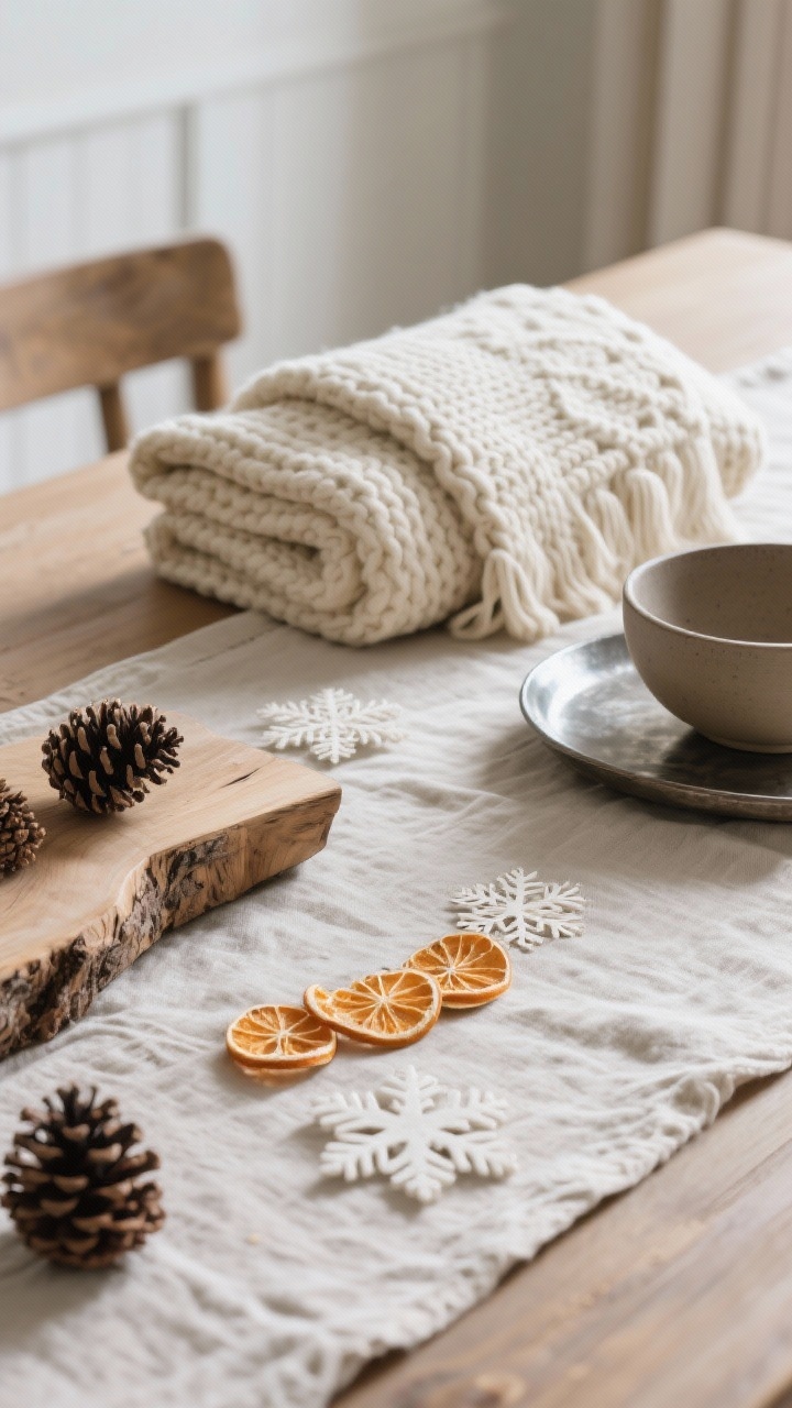 A tight detail closeup emphasizing textures over trinkets: a linen table runner layered with a chunky knit cream pillow and a folded wool throw; nearby, a piece of unvarnished wood, a matte ceramic bowl, and a brushed metal tray; subtle natural elements—pinecones, a strand of dried orange slices, and delicate paper snowflakes—add dimension; soft diffuse daylight raking across surfaces; photorealistic.