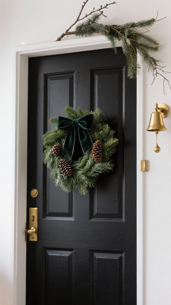 A tight, straight-on detail shot of a statement door: options blended into one chic scene—primary focus on a deep black door with an evergreen wreath tied with a velvet ribbon and pinecones; to one upper corner, an asymmetrical branch swag nod for modern flair; nearby, a minimal brass bell cluster hanging from the knob for elegant simplicity. Accents in gold/brass, greens, and neutral tones. Soft natural light, crisp winter ambiance. No people.