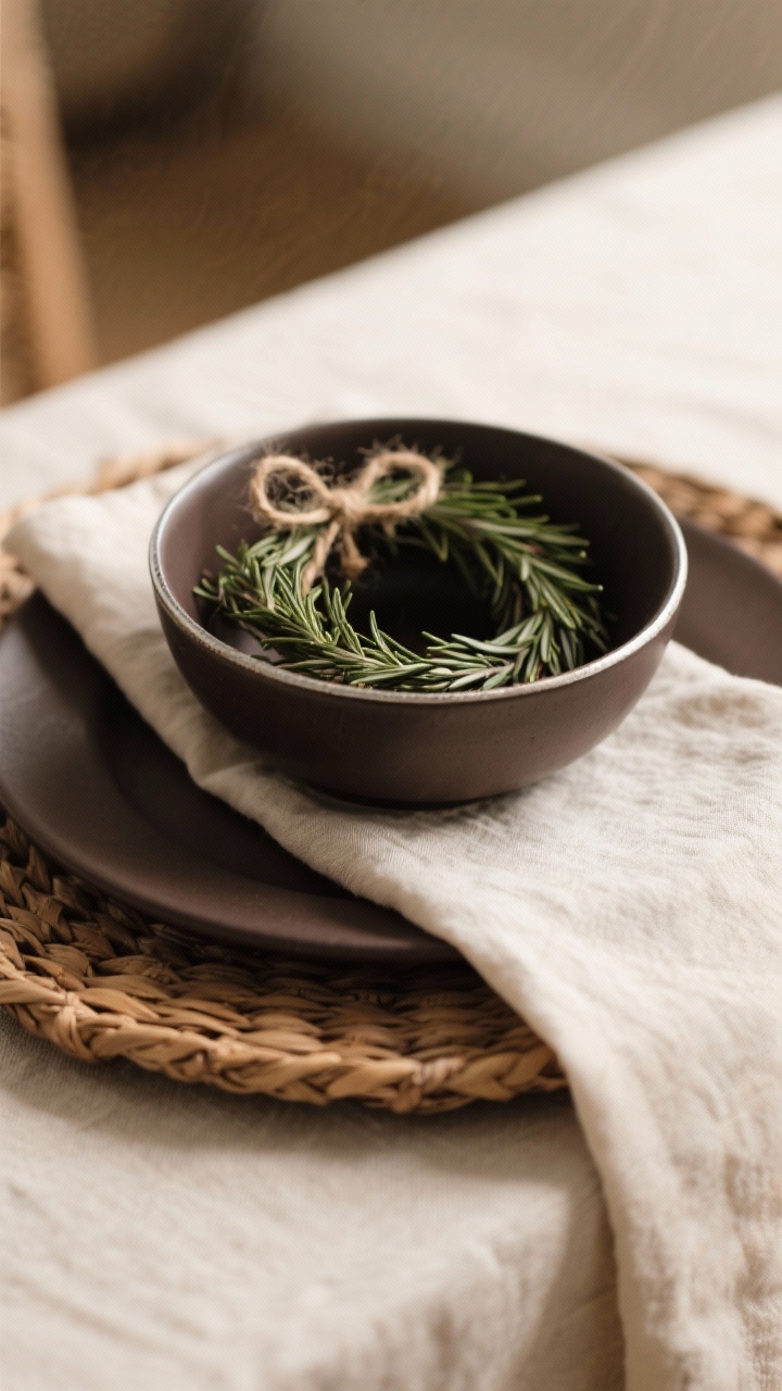A tight, three-quarters closeup of a cozy place setting stack: rattan charger (rustic), deep-tone dinner plate, accent salad bowl with a thin metallic rim, and a mini rosemary wreath topper with twine. A crisp linen napkin waterfalls under the stack. Shallow depth of field, warm indoor light catching the plate contours and natural textures.