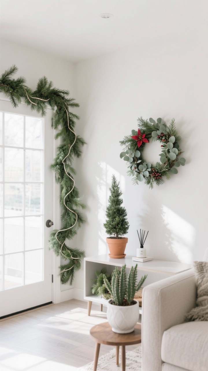 A wide, bright living room scene featuring pet-safe holiday greenery: high-quality faux pine garlands with shapeable wire cores framing a doorway, a faux eucalyptus wreath with a modern minimalist feel above a console, and a small rosemary topiary in a simple terracotta pot on the console. Include a Christmas cactus in a white ceramic planter on a side table. Add a subtle fresh pine-scented diffuser placed at human nose-level on a shelf, not near the floor. Clean, natural daylight, soft shadows; corner angle capturing the ensemble and avoiding toxic plants (no poinsettias, holly, or mistletoe).