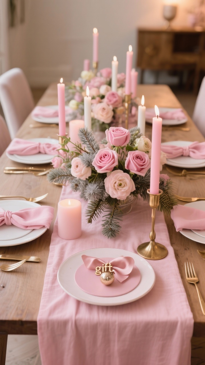 A wide dining table tablescape that feels like a pink dream: soft pink linen runner, matte blush charger plates under white dinnerware, gold flatware, pink cloth napkins tied with silk ribbon holding a tiny ornament “gift.” Centerpiece is a low arrangement of roses, ranunculus, dusty miller, and tucked pine. Mixed candles—pillars and tapers—in pink, white, and metallics. Warm, intimate ambient lighting suitable for conversation, photorealistic.