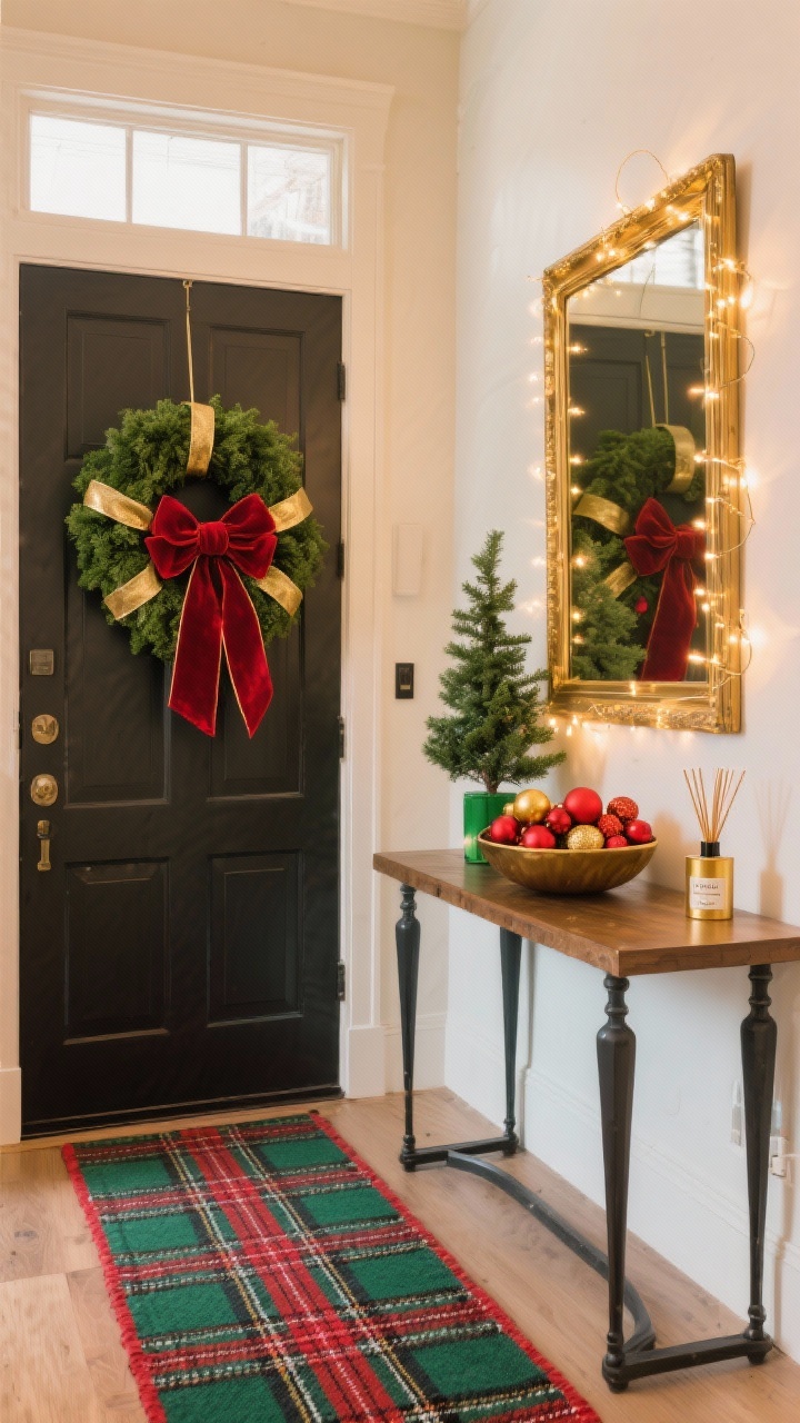 A wide entryway scene that delivers a grand first impression: a lush green wreath on the door with a dramatic red velvet bow and thin gold ribbon woven through; a console table styled with a bowl of mixed red and gold ornaments, a small green tabletop tree, and a candle in a gold vessel; a gold-framed mirror above the console bouncing the glow from nearby string lights; a plaid runner rug with red and green accents grounding the space; include a discreet reed diffuser labeled pine/cinnamon for a subtle detail; warm, welcoming lighting.