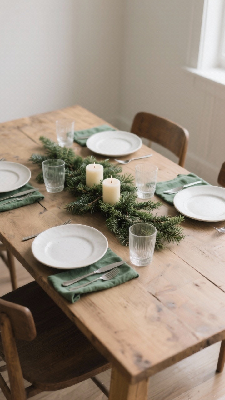 A wide shot of a curated minimal holiday tablescape: bare wood table as foundation, white stoneware plates with matte flatware, cloth napkins in muted forest green; centerpiece is a low garland with two small candle clusters in cream; simple matching glassware, no etching; materials repeat from the room—linen and wood; calm, conversational spacing; photorealistic, slight corner angle.