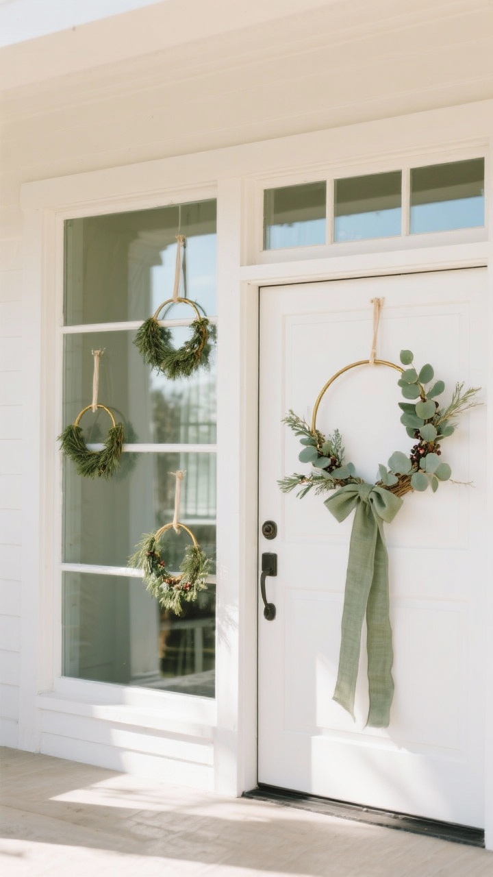 A wide shot of windows and entry done minimally: thin brass hoop wreath with eucalyptus and a ribbon tail in muted forest green on the door; identical mini hoop wreaths hung in a row on window panes at staggered heights with narrow ribbons; a narrow cedar swag on the entry door tied with a linen ribbon; no bulky bows or bright berries; bright natural daylight outlining clean shapes; photorealistic, straight-on exterior-to-interior glimpse.