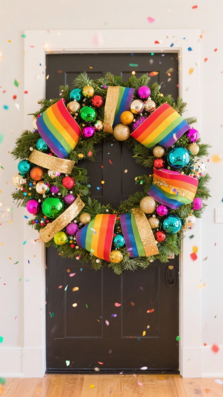 A wide, straight-on entryway shot featuring a joyful maximalist color-burst wreath: sturdy, full evergreen base packed with rainbow ornaments in glass, matte, glitter, and confetti finishes, varied from tiny to jumbo, plus layered ribbons in 1-inch and 3-inch widths; touch of gold accents; bright, festive lighting while keeping the wreath’s round silhouette intact.