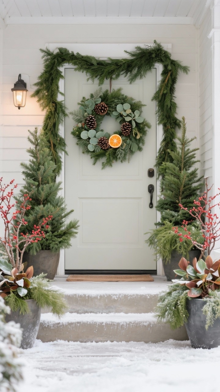 A wide, straight-on entryway showcasing abundant fresh greenery: a lush cedar-and-fir wreath with eucalyptus, pinecones, and a few dried orange slices on the door; garland layered with two varieties of greens framing the doorway; tall planters stuffed with cut pine, juniper, red dogwood twigs, and glossy magnolia leaves. Subtle natural winter light, lightly frosted steps, and a clean, neutral facade to make the greenery pop. Photorealistic, no people.