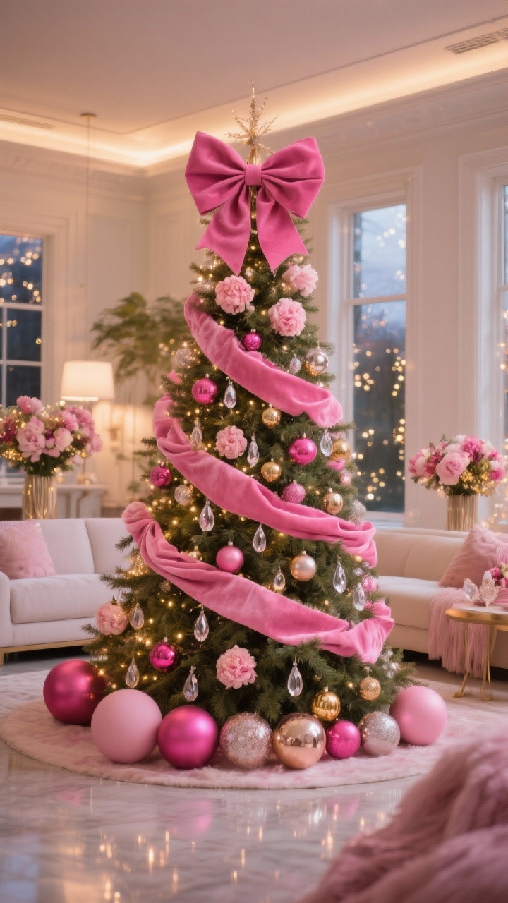 A wide, straight-on living room featuring an evergreen Christmas tree styled in pink: blush velvet ribbon spiraling as garland, vertical ribbon waterfalls in hot pink, base ornaments of matte and glossy pink balls in two to three sizes, accents of crystal drops, metallic ornaments (gold and silver mixed for warmth and sparkle), and clusters of three ornaments “bouquets” placed throughout. The topper is a dramatic giant pink bow with peony stems. Warm ambient evening lighting with twinkle reflections, photorealistic.