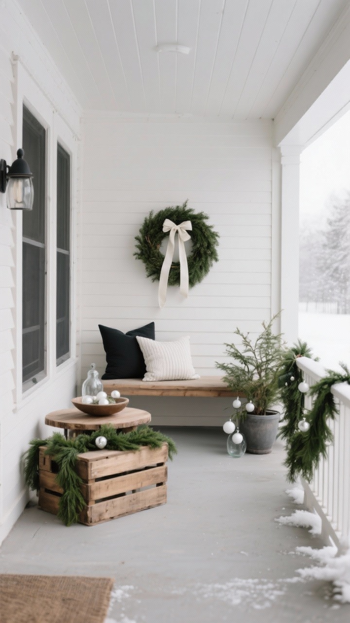 A wide, straight-on porch scene showcasing a cohesive winter color story: choose the “Nordic Neutral” palette—cream, charcoal, natural wood, and fresh green—repeated at least three times: cream ribbon on a wreath, charcoal pillow on the bench, natural wood side table/crate, green garland and planters. Add glassy-white ornaments sparingly in a bowl for balance. Overcast daylight, clean lines, calm and timeless mood. No people.