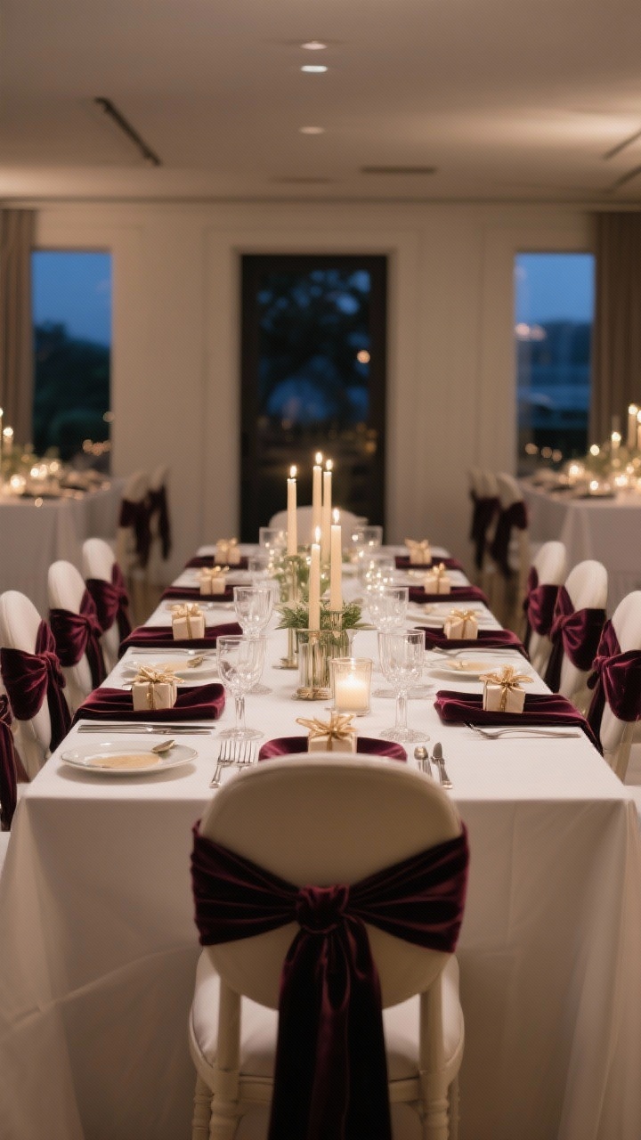 A wide, styled shot illustrating the bonus tips: a balanced table where heights are kept under eye level, repeated velvet ribbon on napkins, chair backs, and small wrapped favors at each seat; clear space for serving dishes (edited decor). Micro-LEDs and dripless tapers add soft glow. Evening ambiance with cohesive elements repeated throughout.